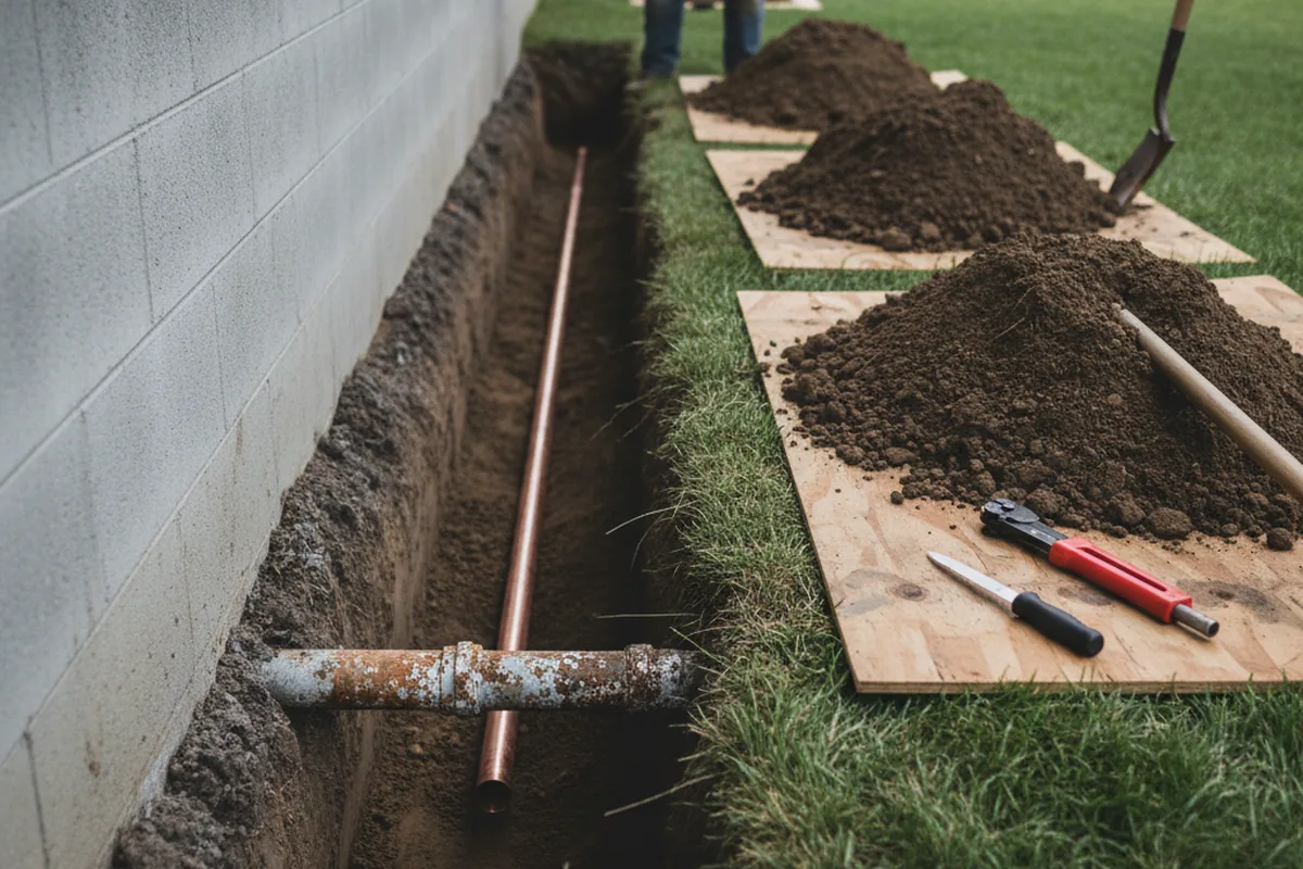 Excavated water line trench during Water Heater Repair in Hostetter